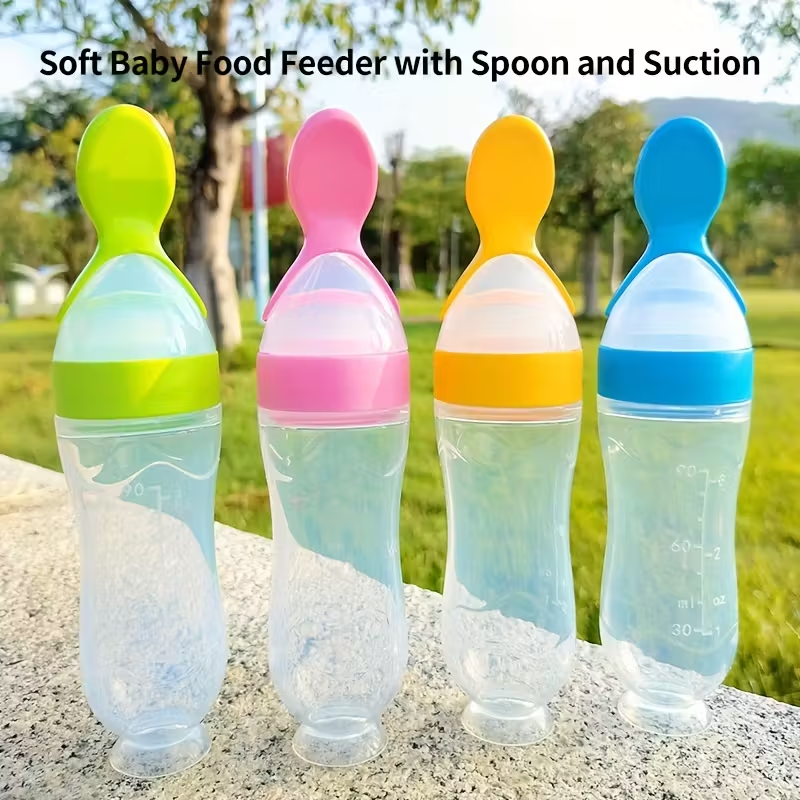 All-in-One Baby Food Feeder – 90ml Silicone Squeeze Bottle with Attached Spoon, for Cereal, Puree & Supplements, Easy Grip & Control for 6+ Months, Great for Home, Travel & Baby-Led Weaning