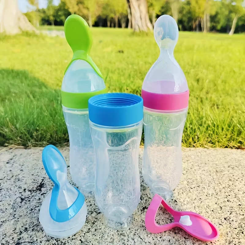 All-in-One Baby Food Feeder – 90ml Silicone Squeeze Bottle with Attached Spoon, for Cereal, Puree & Supplements, Easy Grip & Control for 6+ Months, Great for Home, Travel & Baby-Led Weaning