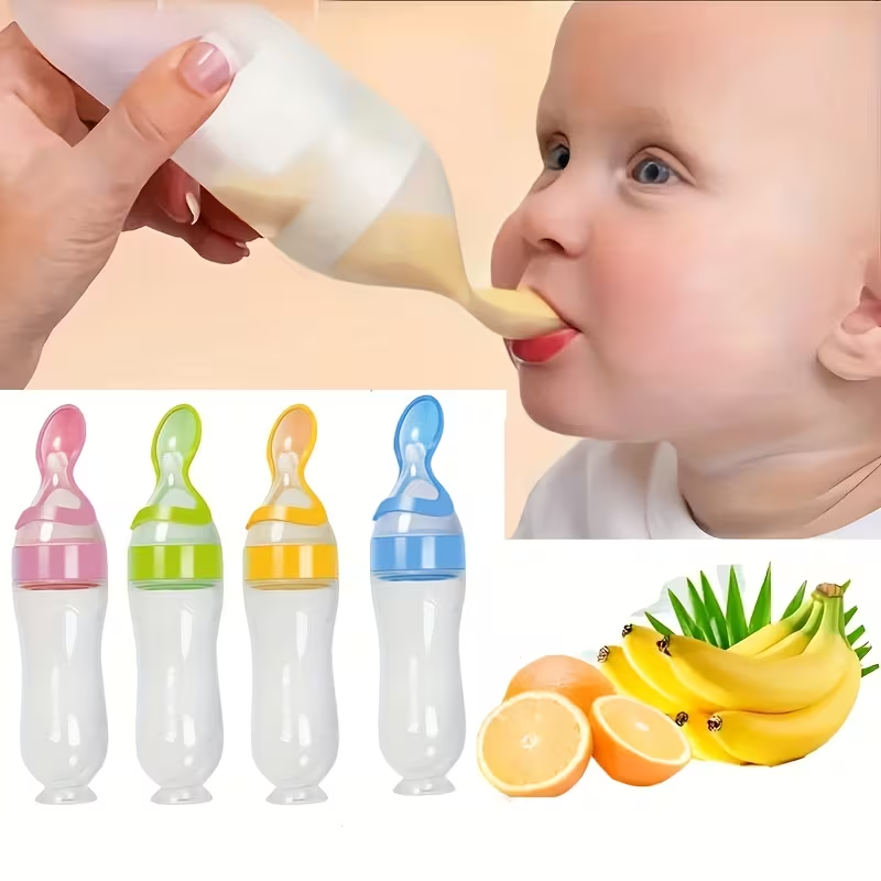 All-in-One Baby Food Feeder – 90ml Silicone Squeeze Bottle with Attached Spoon, for Cereal, Puree & Supplements, Easy Grip & Control for 6+ Months, Great for Home, Travel & Baby-Led Weaning