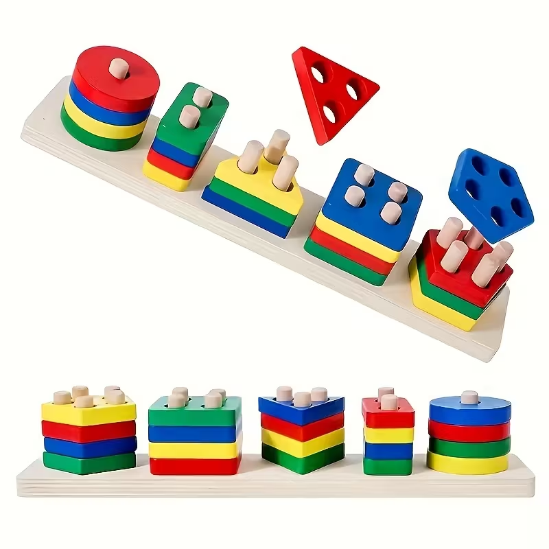 4-in-1 Wooden Geometric Shape Puzzle Set | Colorful Building Blocks for Fine Motor Skills & Color Recognition | Early Learning Toy for Toddlers