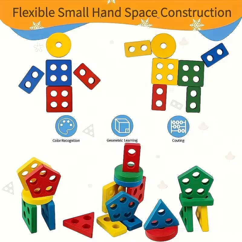 4-in-1 Wooden Geometric Shape Puzzle Set | Colorful Building Blocks for Fine Motor Skills & Color Recognition | Early Learning Toy for Toddlers