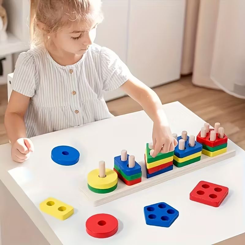 4-in-1 Wooden Geometric Shape Puzzle Set | Colorful Building Blocks for Fine Motor Skills & Color Recognition | Early Learning Toy for Toddlers