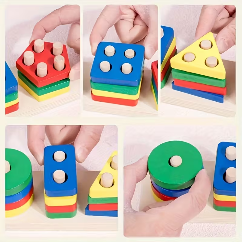 4-in-1 Wooden Geometric Shape Puzzle Set | Colorful Building Blocks for Fine Motor Skills & Color Recognition | Early Learning Toy for Toddlers