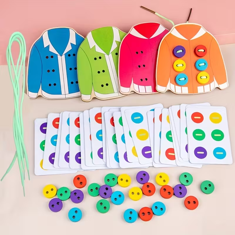 Wooden Button Threading Board Set – Fine Motor Skills Toy for Toddlers, Lacing & Stringing Activity for Preschoolers, Ideal Gift for Birthdays & Holidays