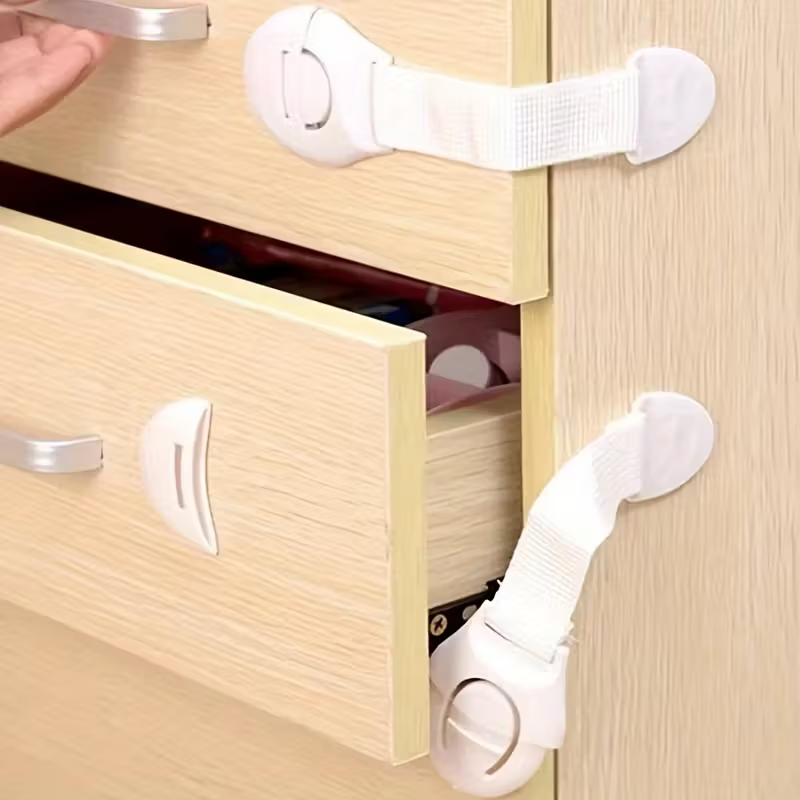 10 Pack No-Drill Cabinet Safety Locks – Easy Install Adhesive Latches for Drawers, Doors, Fridge & Toilet，Strong ABS with Easy Peel & Stick
