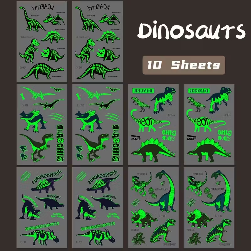 10 Sheets Glow in the Dark Dinosaur Stickers for Kids – Waterproof, Reusable, T-Rex, Triceratops & More – Perfect for Birthday Party Favors, Goodie Bags & Stocking Stuffers