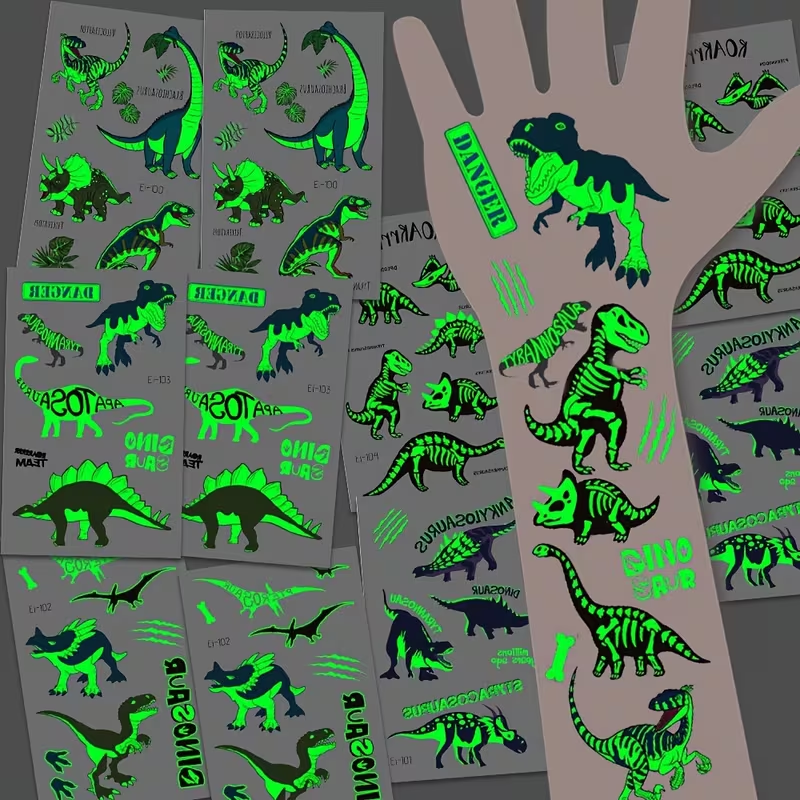 10 Sheets Glow in the Dark Dinosaur Stickers for Kids – Waterproof, Reusable, T-Rex, Triceratops & More – Perfect for Birthday Party Favors, Goodie Bags & Stocking Stuffers