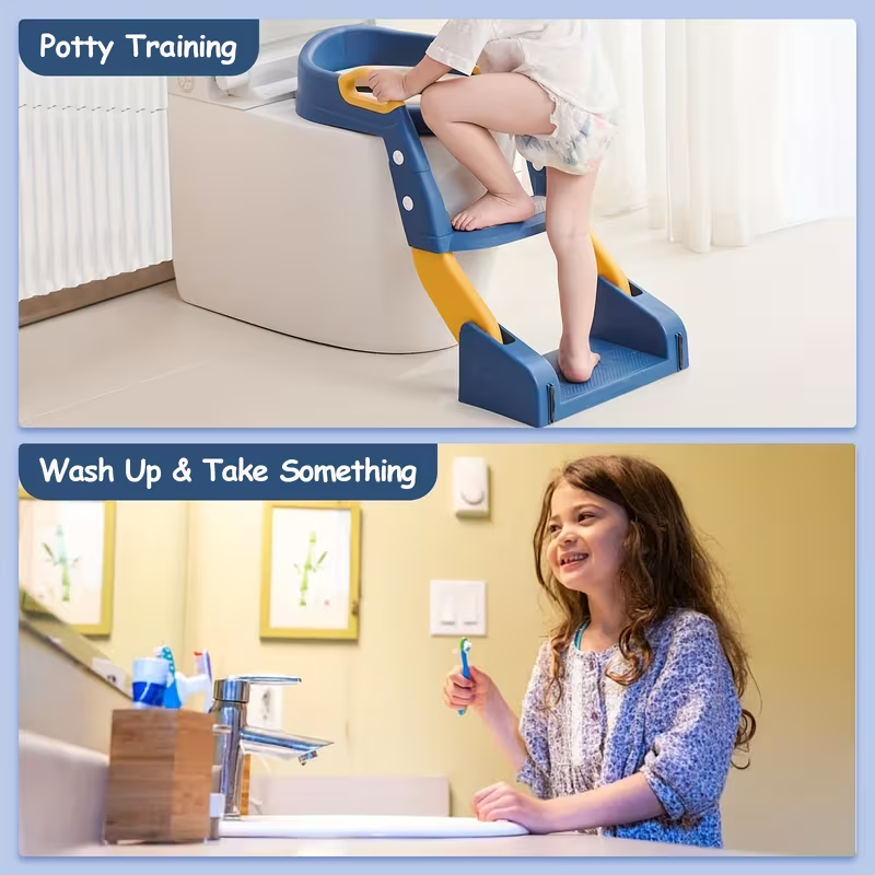 3-in-1 Potty Training Seat with Step Ladder – Safe, Anti-Slip & Adjustable Height, Foldable for Easy Storage，Saves Space & Money