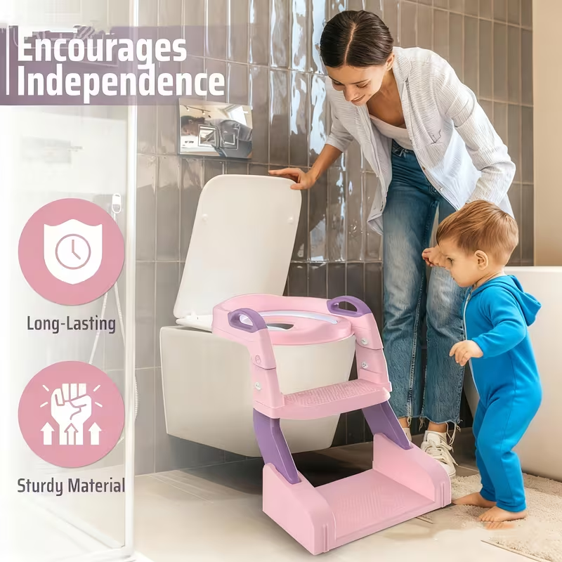 3-in-1 Potty Training Seat with Step Ladder – Safe, Anti-Slip & Adjustable Height, Foldable for Easy Storage，Saves Space & Money