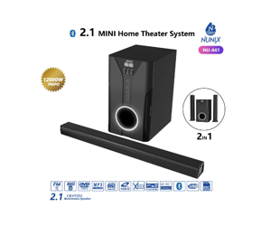 Nunix Sound Bar NU-A61 Home theatre 2.1 Channels With Hi-Fi Sorround sound effect 6.5" Subwoofer 12000W PMPO And 100W Power Output black color