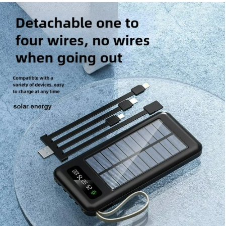 14000mAh Built in 4 Cables Solar Power Banks TypeC Micro USB Portable Powerbank 4-wire Fast Charge Dual Output Ports Mobile Power Supply