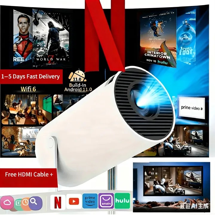 Portable HY300 HD Projector for Home/Outdoor Use - Android 11 Built-in, Easy Phone Casting, Includes HDMI line