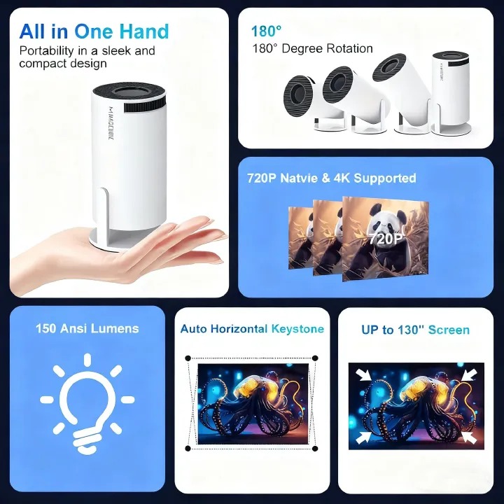 Portable HY300 HD Projector for Home/Outdoor Use - Android 11 Built-in, Easy Phone Casting, Includes HDMI line