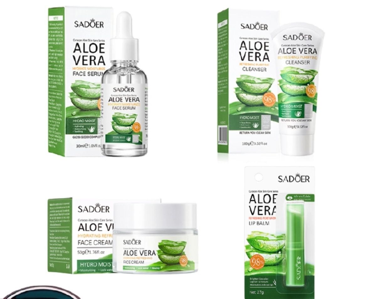 ORIGINAL SADOER 4 in 1 Skin Care Set Aloe Facial Cleanser  + Face Essence +Face Brightening Cream +Lipstick
