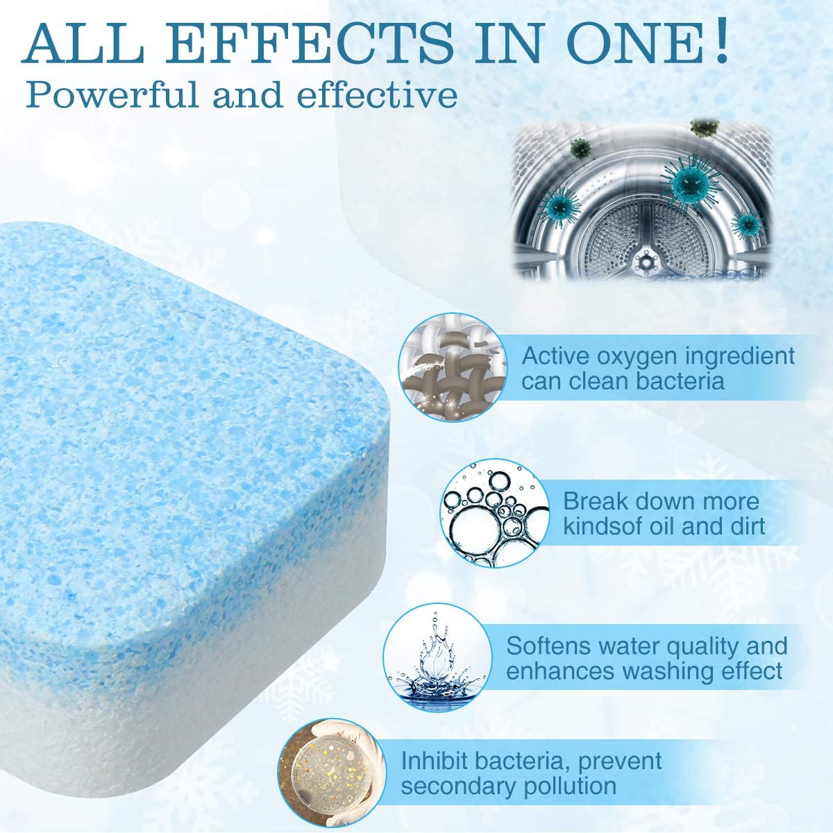 12pcs Powerful Washing Machine Cleaner Tablets – Deep Cleaning, Odor Removal, and Drum Decontamination for All Washer Types.Each tablet dissolves quickly to penetrate into the drum and internal pipes,