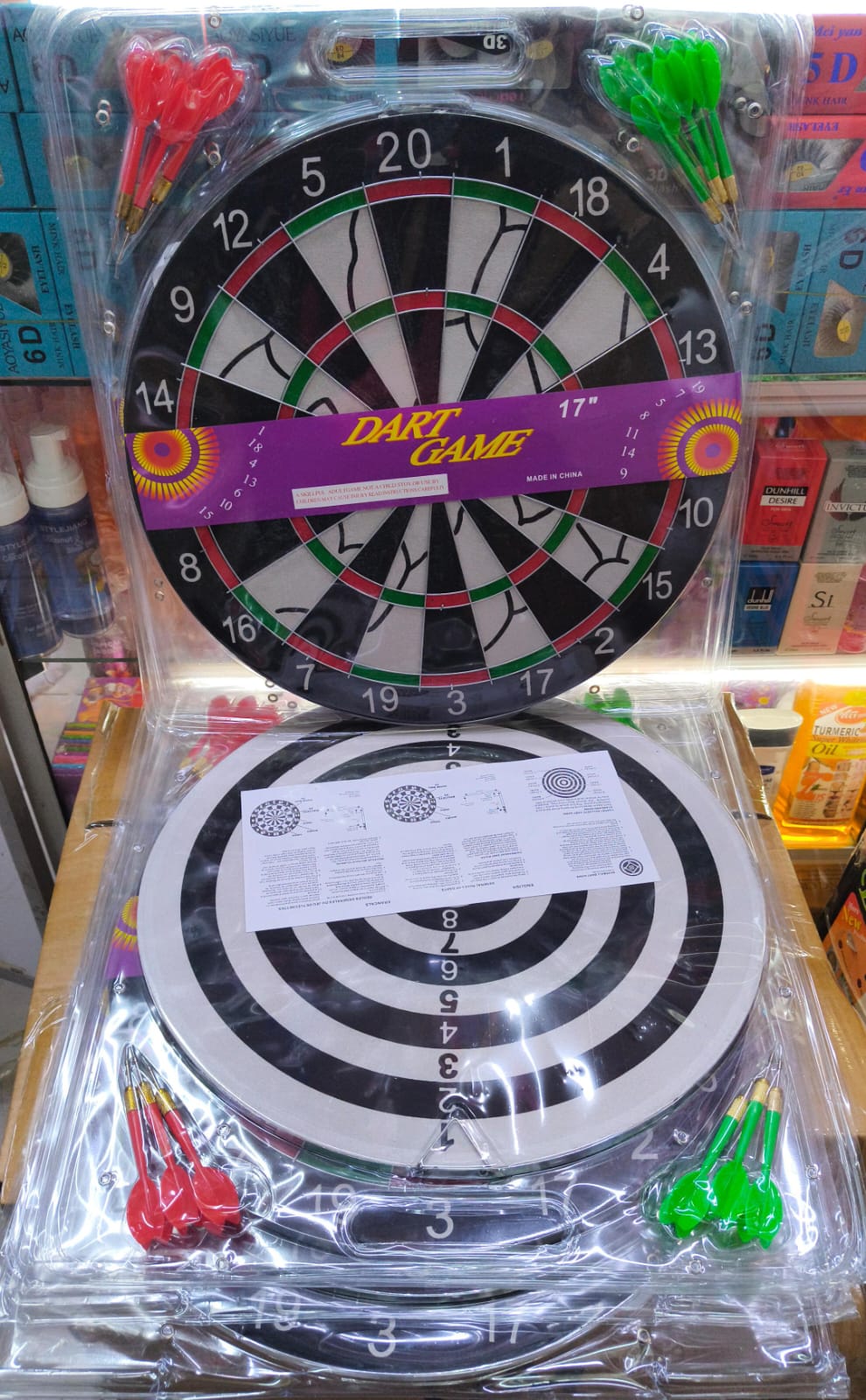 17 inches Dart board game set with 6  darts.To be played Indoor/Outdoor
Safe, fun and light-weight
Has a strong target for you to liberally hurl the dart
Includes 6 good-quality darts