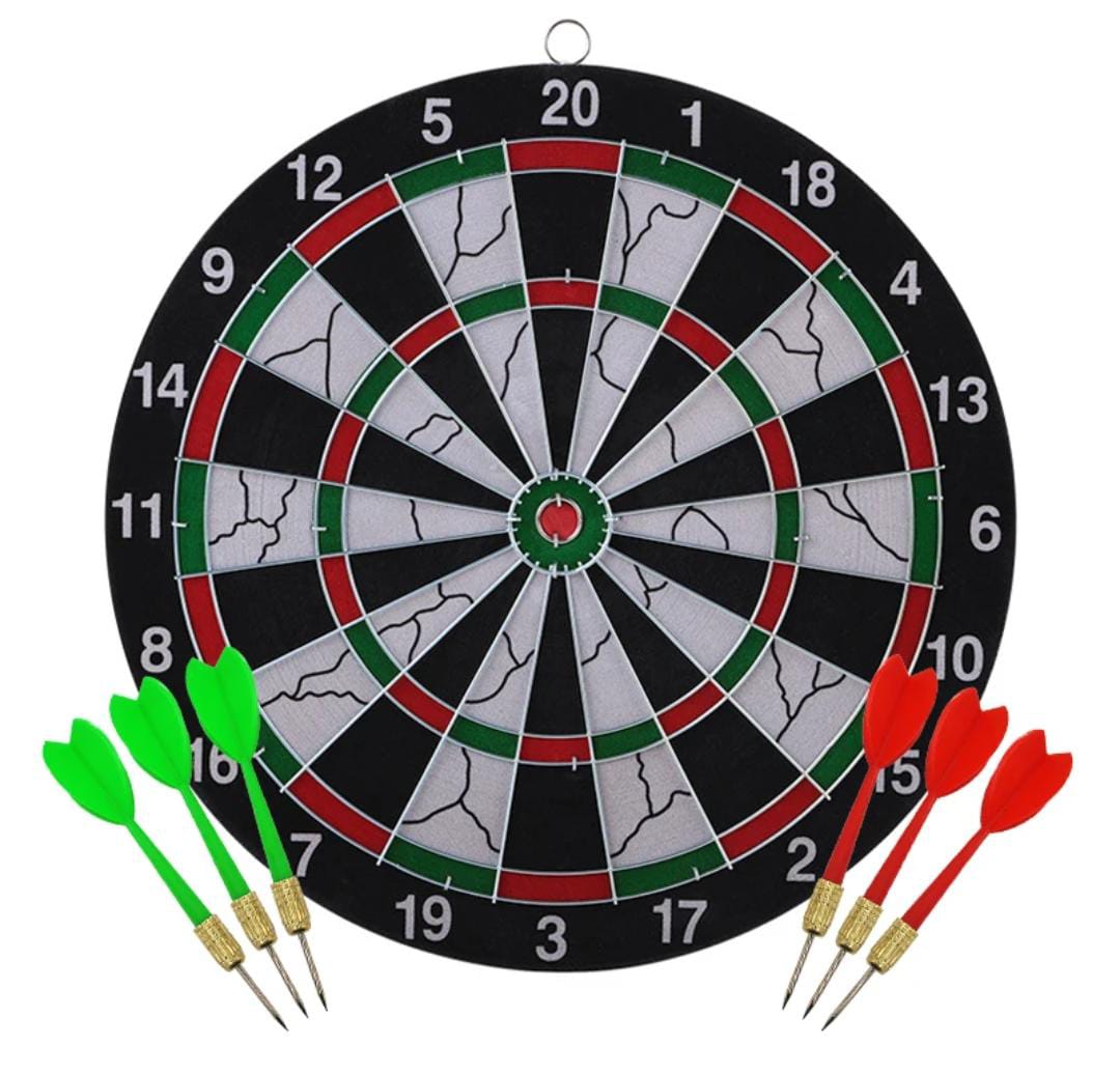 17 inches Dart board game set with 6  darts.To be played Indoor/Outdoor
Safe, fun and light-weight
Has a strong target for you to liberally hurl the dart
Includes 6 good-quality darts