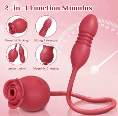 Dual Action Rose Clit Sucking, Thrusting and Vibrating Dildo Toy for Women | Waterproof Medical Grade Silicone Adult Massager for Intense Clitoral, Nipple and Anal Play. Rose with dildo toy.