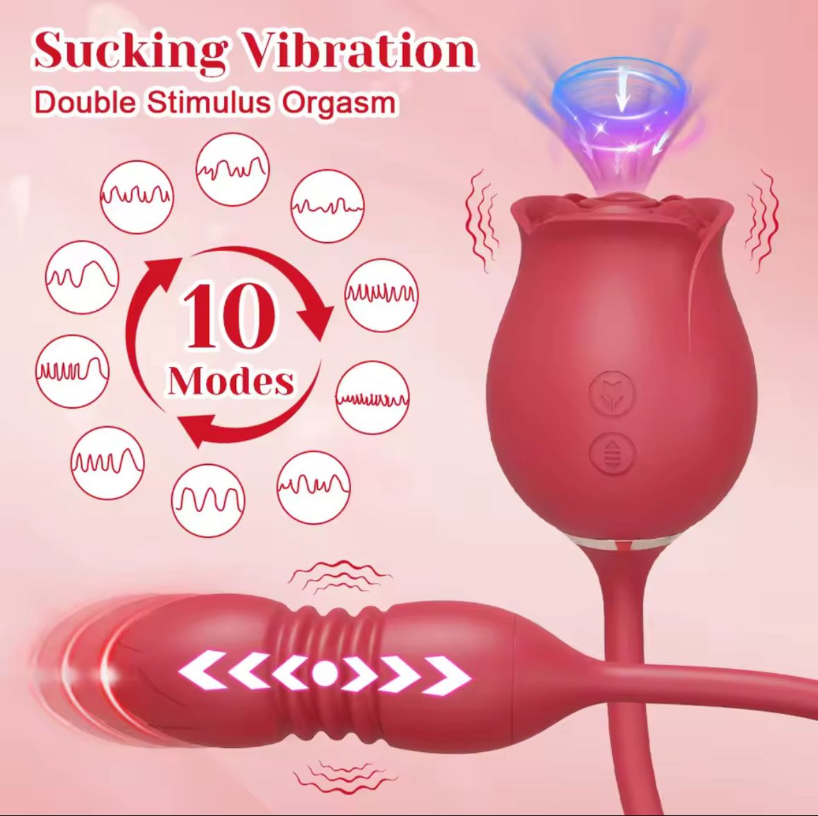 Dual Action Rose Clit Sucking, Thrusting and Vibrating Dildo Toy for Women | Waterproof Medical Grade Silicone Adult Massager for Intense Clitoral, Nipple and Anal Play. Rose with dildo toy. view 2