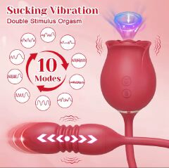 Dual Action Rose Clit Sucking, Thrusting and Vibrating Dildo Toy for Women | Waterproof Medical Grade Silicone Adult Massager for Intense Clitoral, Nipple and Anal Play. Rose with dildo toy.