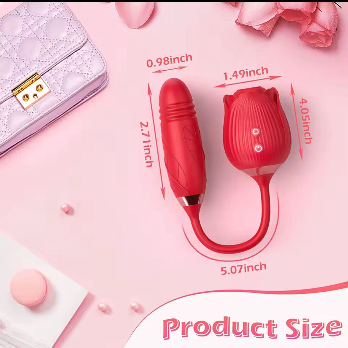 Dual Action Rose Clit Sucking, Thrusting and Vibrating Dildo Toy for Women | Waterproof Medical Grade Silicone Adult Massager for Intense Clitoral, Nipple and Anal Play. Rose with dildo toy. view 3
