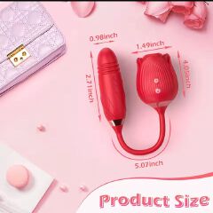 Dual Action Rose Clit Sucking, Thrusting and Vibrating Dildo Toy for Women | Waterproof Medical Grade Silicone Adult Massager for Intense Clitoral, Nipple and Anal Play. Rose with dildo toy.