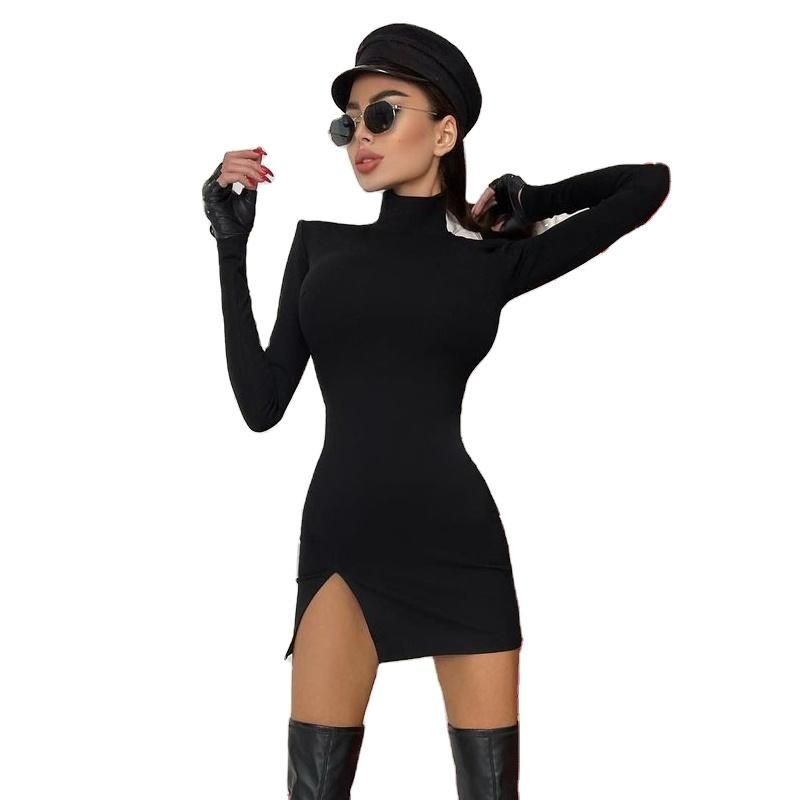Party Wear for Women Knitted Sexy Black Long Sleeve Mini Dress