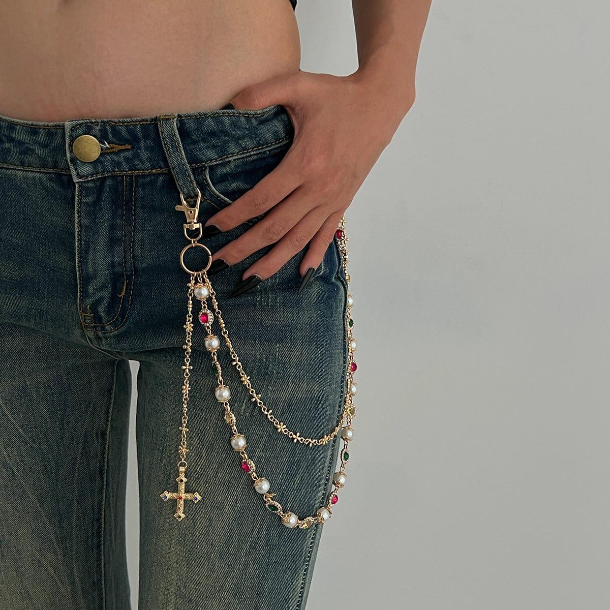 Layered Gold-tone Plated Pants Chain for Women Cross Luxury Faux Pearl Wallet Chain Jean Chains for Women