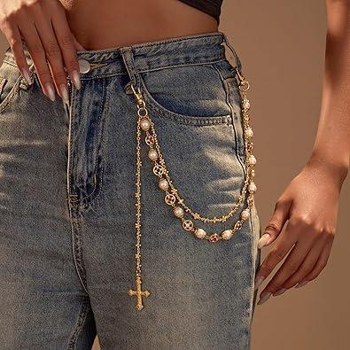 Layered Gold-tone Plated Pants Chain for Women Cross Luxury Faux Pearl Wallet Chain Jean Chains for Women