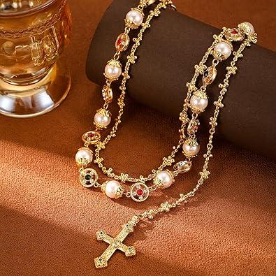 Layered Gold-tone Plated Pants Chain for Women Cross Luxury Faux Pearl Wallet Chain Jean Chains for Women
