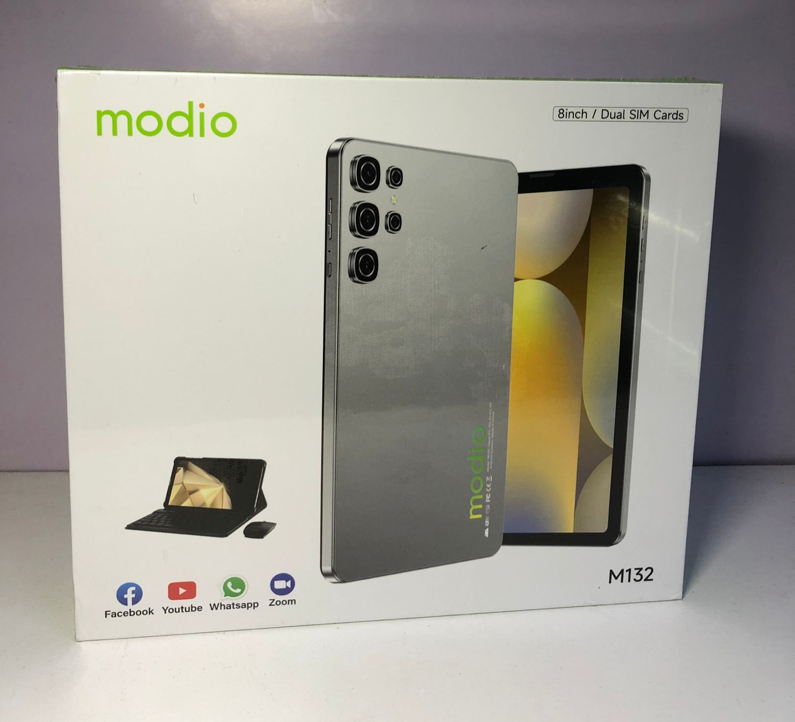 Modio M132 Android12 tablet with 8″ display, 8GB RAM, 512GB storage, 5000mAh battery, dual-sim, cameras, plus keyboard,mouse,flip cover ,pin ejector,OTG and stylus
