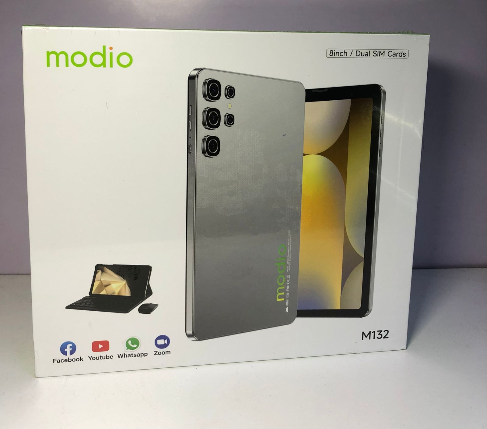 Modio M132 Android12 tablet with 8″ display, 8GB RAM, 512GB storage, 5000mAh battery, dual-sim, cameras, plus keyboard,mouse,flip cover ,pin ejector,OTG and stylus