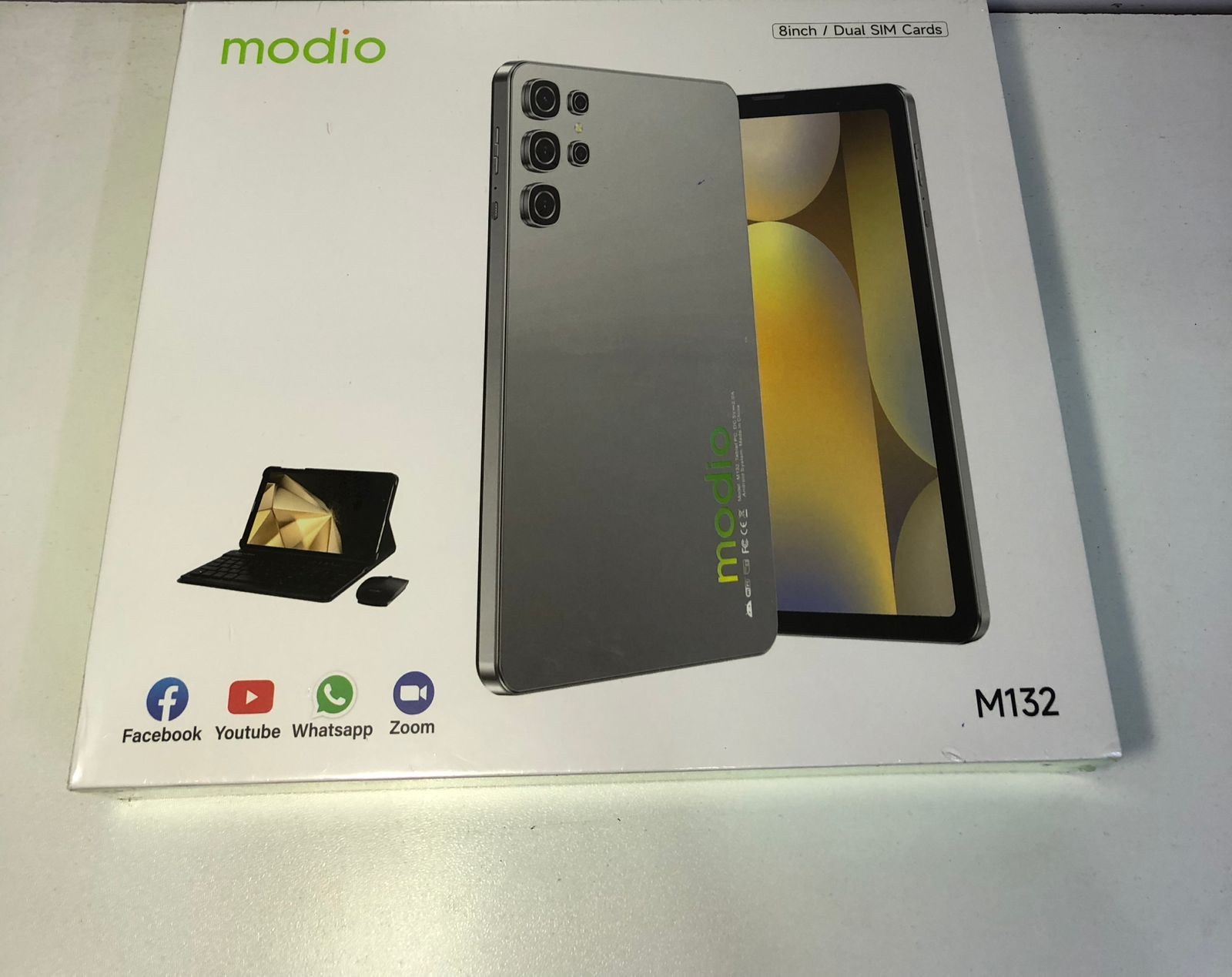 Modio M132 Android12 tablet with 8″ display, 8GB RAM, 512GB storage, 5000mAh battery, dual-sim, cameras, plus keyboard,mouse,flip cover ,pin ejector,OTG and stylus