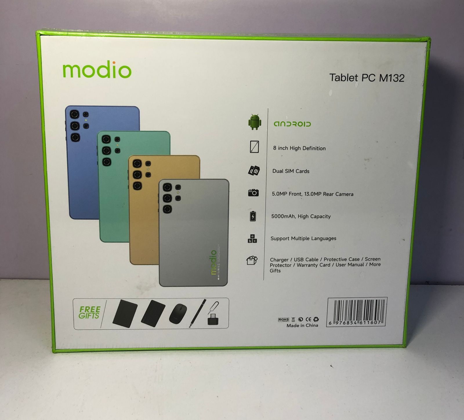 Modio M132 Android12 tablet with 8″ display, 8GB RAM, 512GB storage, 5000mAh battery, dual-sim, cameras, plus keyboard,mouse,flip cover ,pin ejector,OTG and stylus