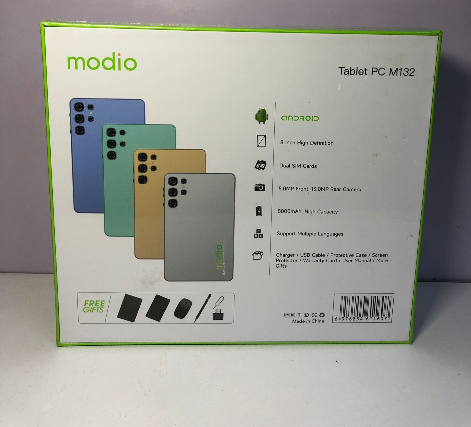 Modio M132 Android12 tablet with 8″ display, 8GB RAM, 512GB storage, 5000mAh battery, dual-sim, cameras, plus keyboard,mouse,flip cover ,pin ejector,OTG and stylus