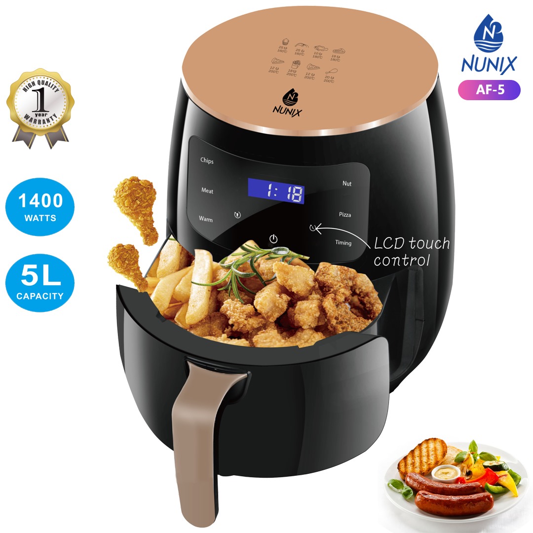 Nunix 5L Airfryer – Healthy Oil-Free Cooking, with Glass Basket, 1400W High Power Digital Airfryer, multifunctional Pre-Set Functions, Digital LCD Smart Touch Screen Air Fryer Oven for Kitchen,BPA Fre