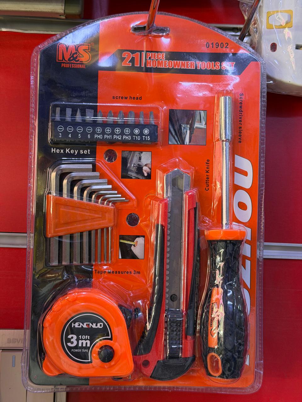 PROFFESSIONER 21 PCS SET HOMEOWNER TOOL SET 8PC HEX ALLEN KEY, 1PC 3M – 10FT MEASURING TAPE 1PC CUTTER KNIFE 10PC SCREW HEAD 1PC SCREWDRIVER