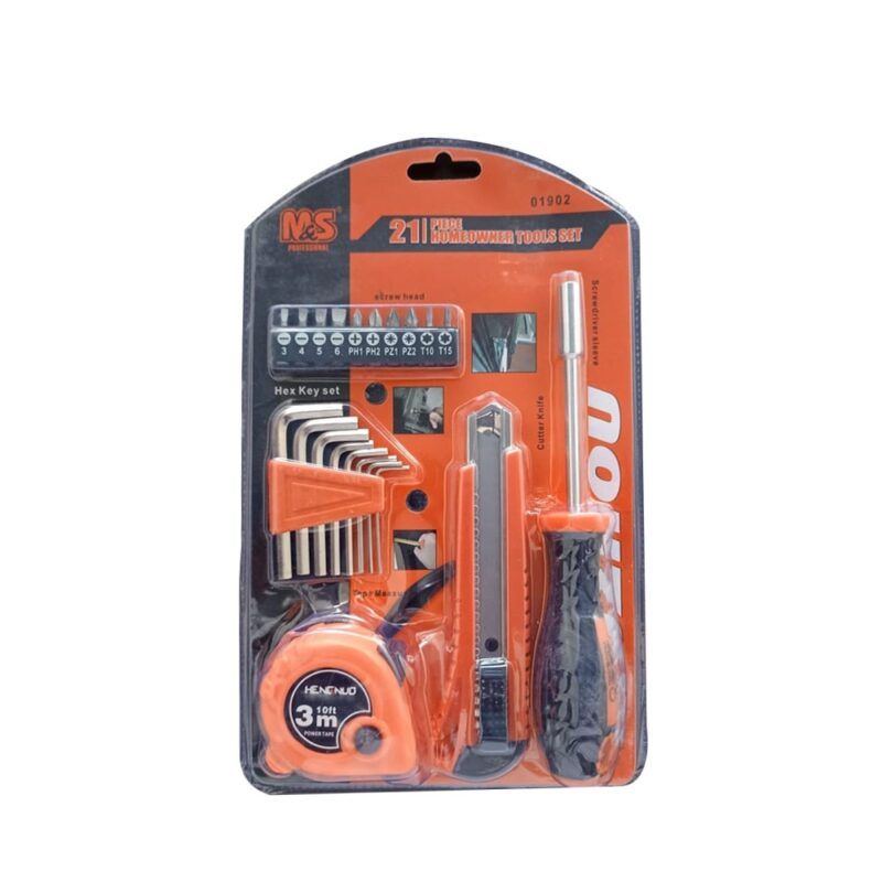 PROFFESSIONER 21 PCS SET HOMEOWNER TOOL SET 8PC HEX ALLEN KEY, 1PC 3M – 10FT MEASURING TAPE 1PC CUTTER KNIFE 10PC SCREW HEAD 1PC SCREWDRIVER