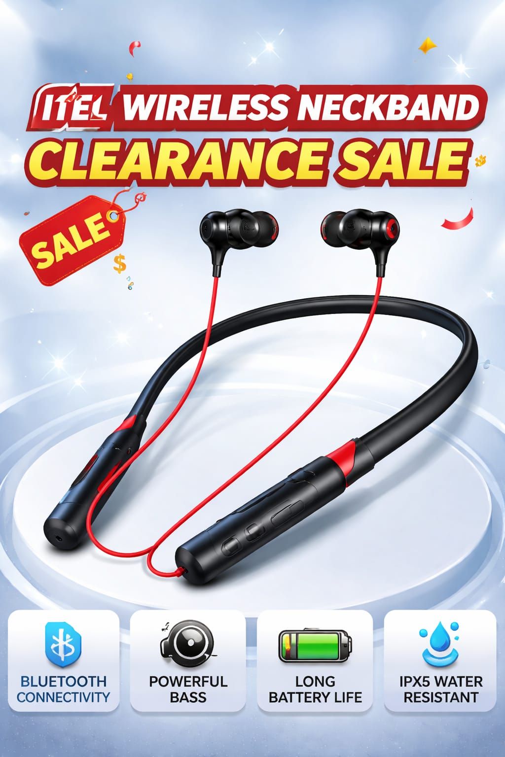 🎧 ITEL  MJ 6955 WIRELESS NECKBAND – CLEARANCE SALE, BLUETOOTH EARPHONES WITH HIGH BASS & LONG BATTERY 🔋