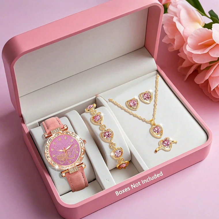 Ladies Watch 5pcs Set Watches for Women Leather Band Simple Casual Women's Analog WristWatch Bracelet Gift Montre Femm Watch  Ring Earrings Necklace Bracelet girl watch set Local fast delivery