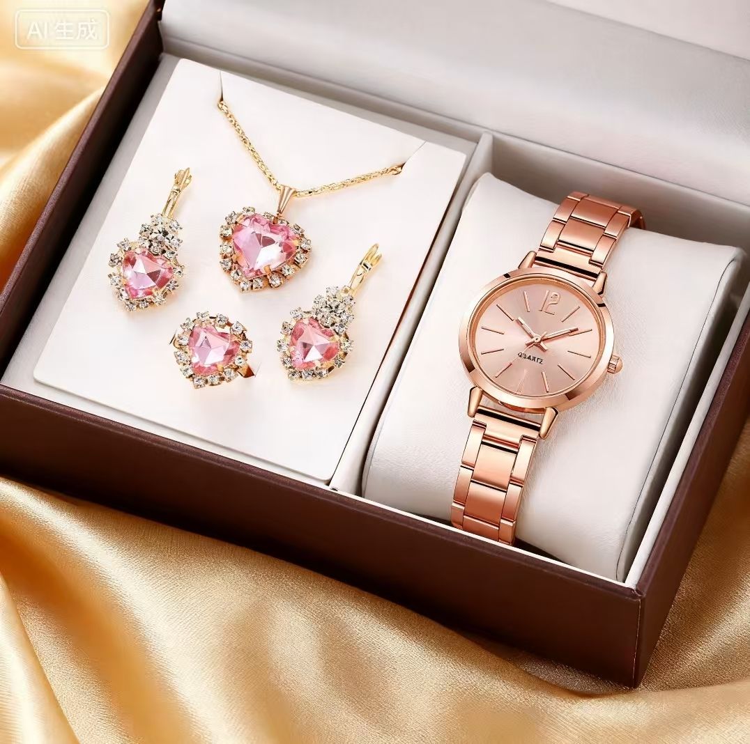 4pc Women's Diamond Watch Ring Necklace Earrings Bracelet Set Fashion Wristwatch Female Casual Ladies watch girl watches Necklace ring earrings Local fast delivery