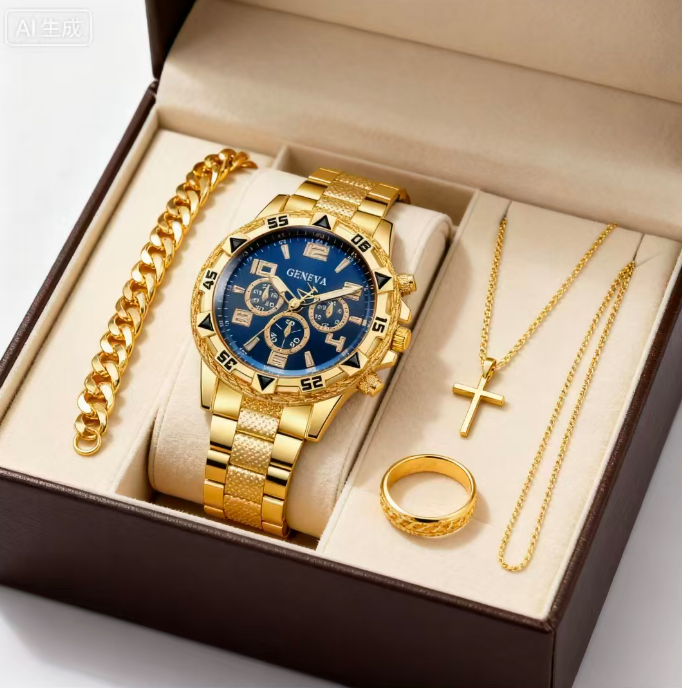 4pcs Luxury Men Business Analog Quartz Watch Arabic Numeral Dial Clock Cross Necklace Bracelet Ring Jewelry Set Reloj Hombre   boy watch set Local fast delivery