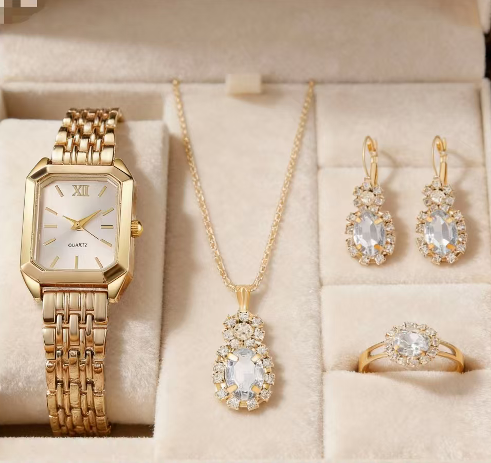 Fashion Women's Gold Watch Ring Necklace Earrings Bracelet Set Fashion Wristwatch Female Casual Ladies Local fast delivery