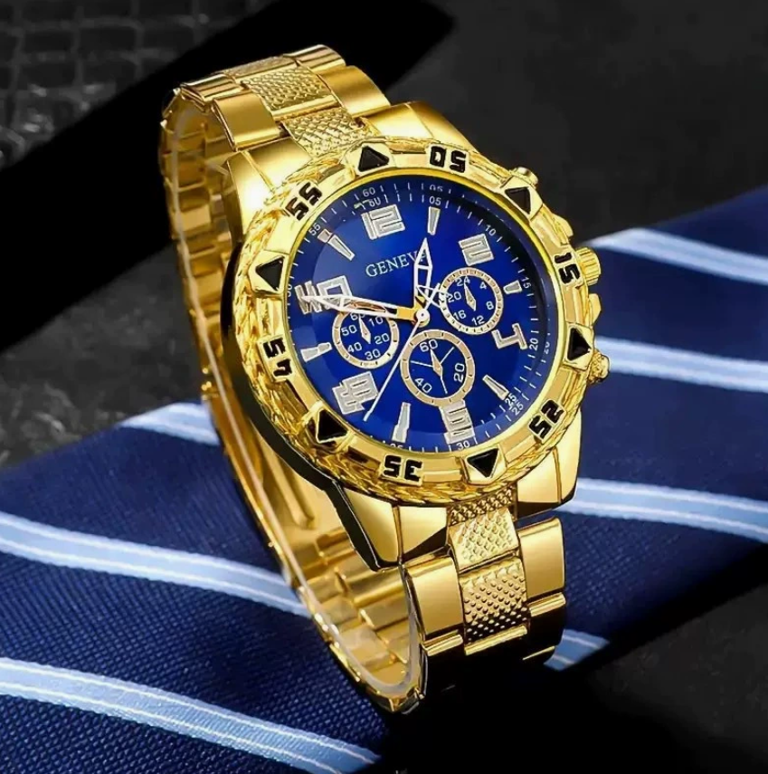 4pcs Luxury Men Business Analog Quartz Watch Arabic Numeral Dial Clock Cross Necklace Bracelet Ring Jewelry Set Reloj Hombre   boy watch set Local fast delivery