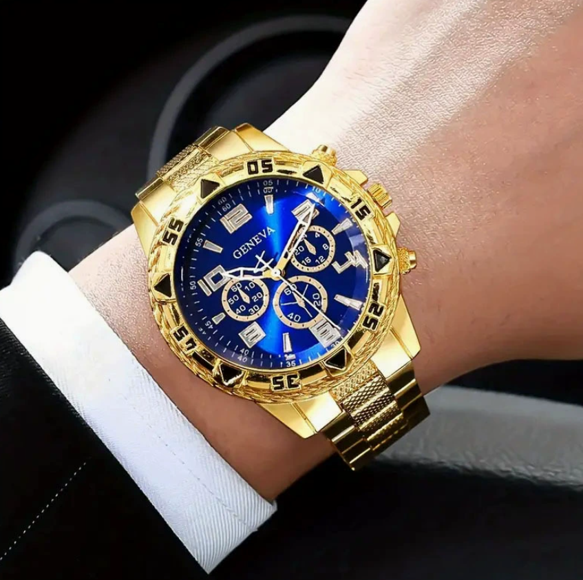 4pcs Luxury Men Business Analog Quartz Watch Arabic Numeral Dial Clock Cross Necklace Bracelet Ring Jewelry Set Reloj Hombre   boy watch set Local fast delivery