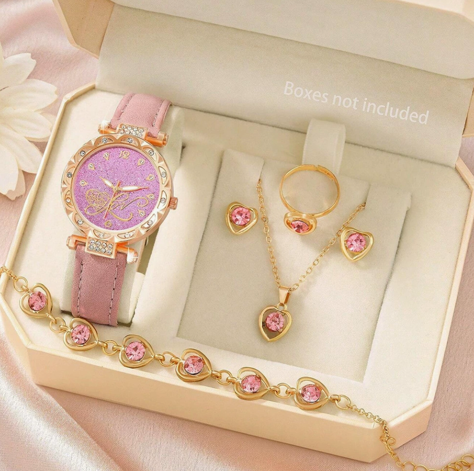 Ladies Watch 5pcs Set Watches for Women Leather Band Simple Casual Women's Analog WristWatch Bracelet Gift Montre Femm Watch  Ring Earrings Necklace Bracelet girl watch set Local fast delivery
