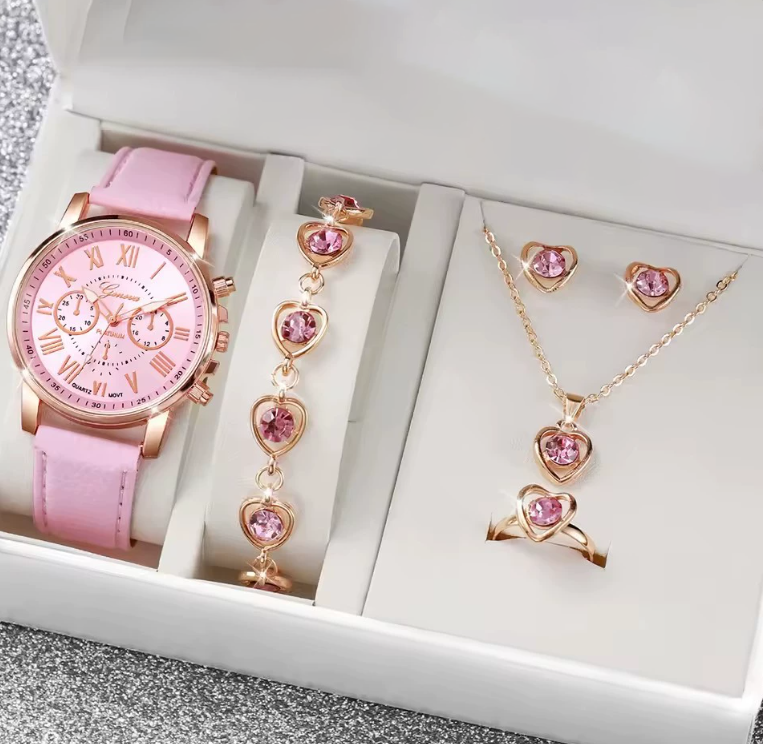 5pc Women's Watch set Ring Necklace Earrings Bracelet Set Fashion Wristwatch Female Casual Ladies girl watch Local fast delivery