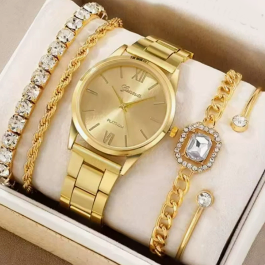 5pc Women  Watch Ring Necklace Earrings Bracelet Set Fashion Wristwatch Female Casual Ladies girl watch set Local fast delivery
