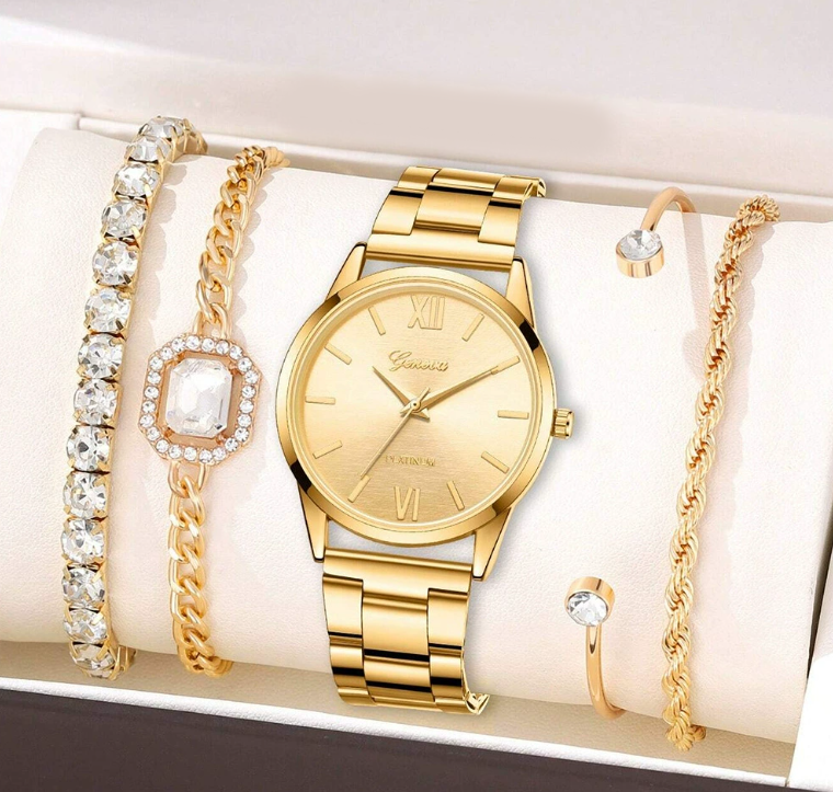 5pc Women  Watch Ring Necklace Earrings Bracelet Set Fashion Wristwatch Female Casual Ladies girl watch set Local fast delivery