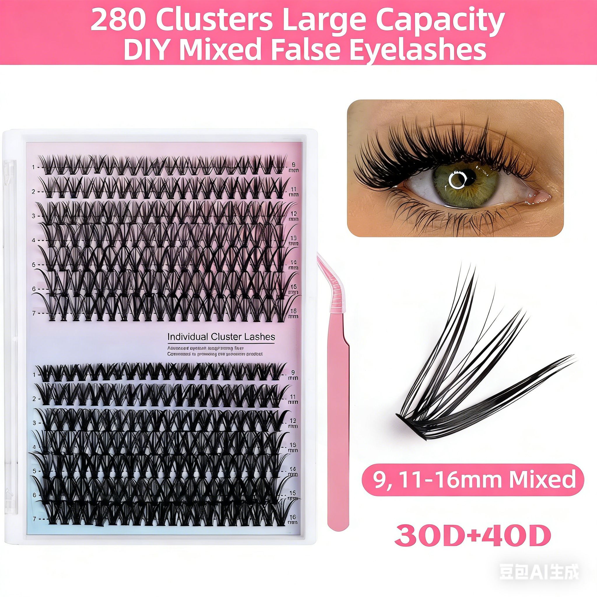 280 Clusters DIY Individual Cluster Lashes, 30D+40D Mixed 9-16mm False Eyelashes, Reusable Natural Look Eyelash Extensions with Tweezers, Soft & Lightweight, Easy to Apply at Home, Perfect for Daily